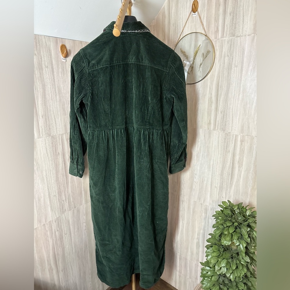 Eddie Bauer Vintage Maxi Button Down Forest Green Corduroy Shirt Dress Petite - Picture 2 of 8